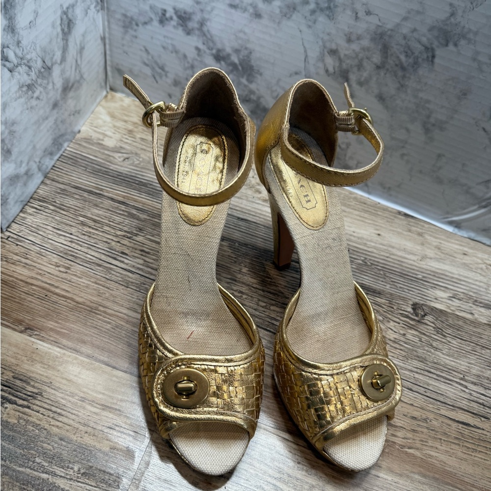 Coach Dianah metallic gold woven ankle strap pumps